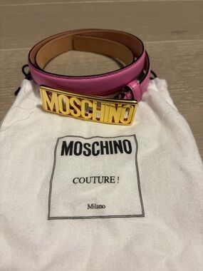 Moschino Pink Leather Belt with Gold Logo Plaque